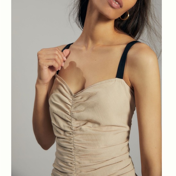 Anthropologie- Atsu linen ruched drop waist hem midi dress- beige & black straps - Picture 8 of 10